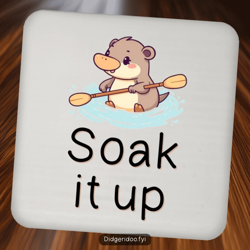 Funny platypus drink coaster featuring a determined character paddling energetically through stylized water, offering surface protection with purpose.