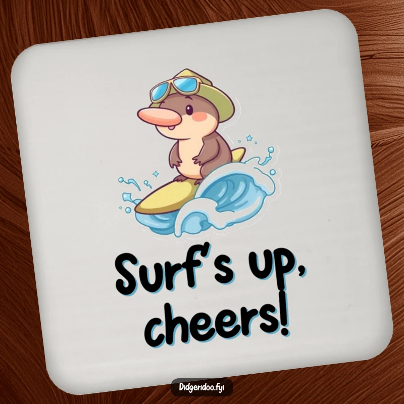 Funny platypus wearing a surf hat, humorously balancing on a small ocean wave, designed for drink protection.