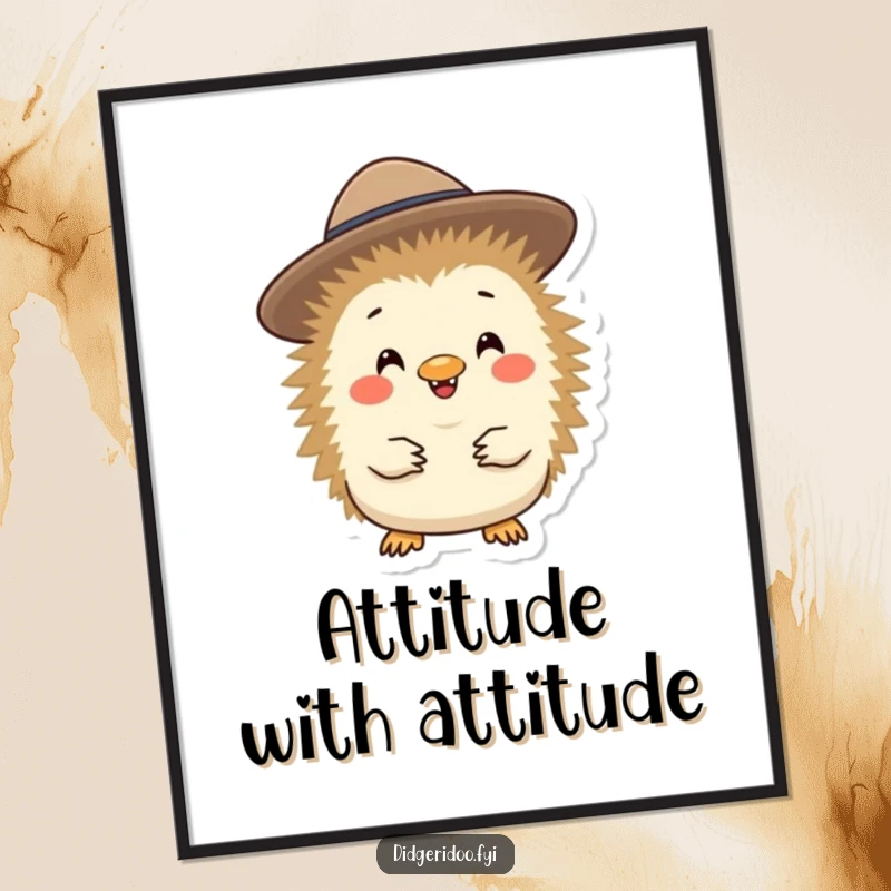 Funny and cheerful echidna character wearing a tiny Akubra hat, displayed as a delightful piece of Australian-themed wall art.