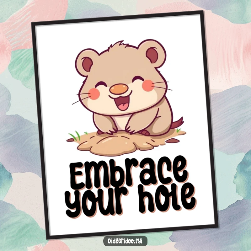 Funny Wombat Poster with a happy grin, digging a small enthusiastic hole, a cute and humorous piece of Outback-themed wall art.