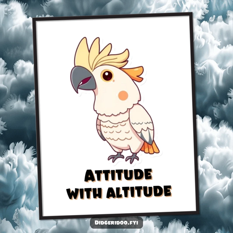 Funny cockatoo poster art of a proud bird with a bright, majestic crest, puffing its chest out in a display of glorious confidence.