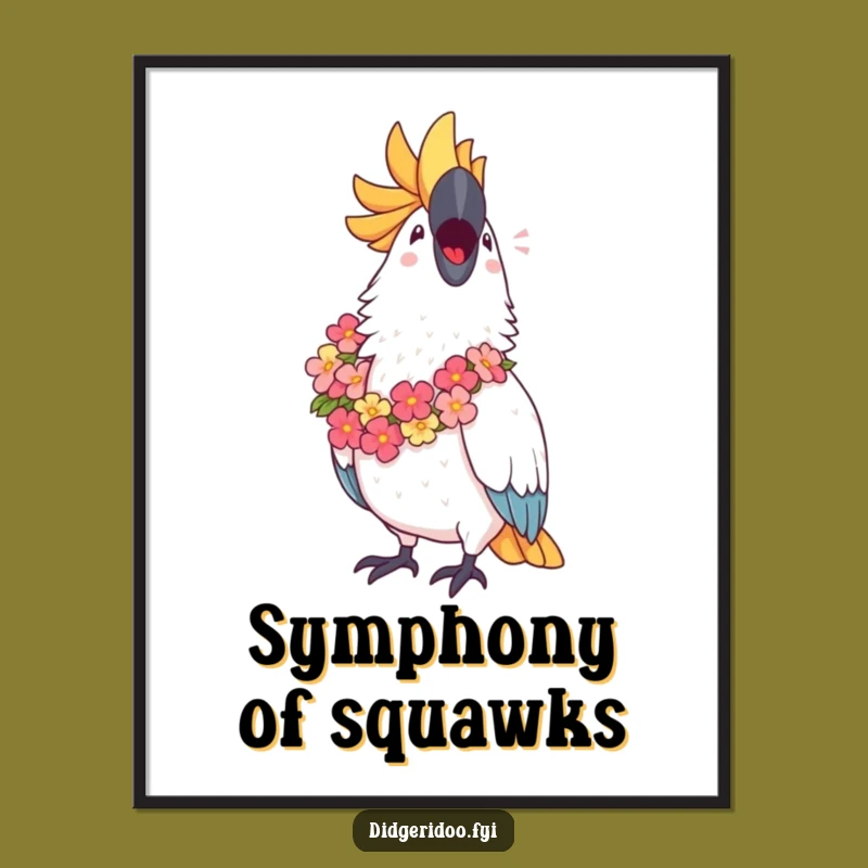 Funny Cockatoo Lei Poster: Bring Tropical Joy to Your Walls with this Singing Bird Art