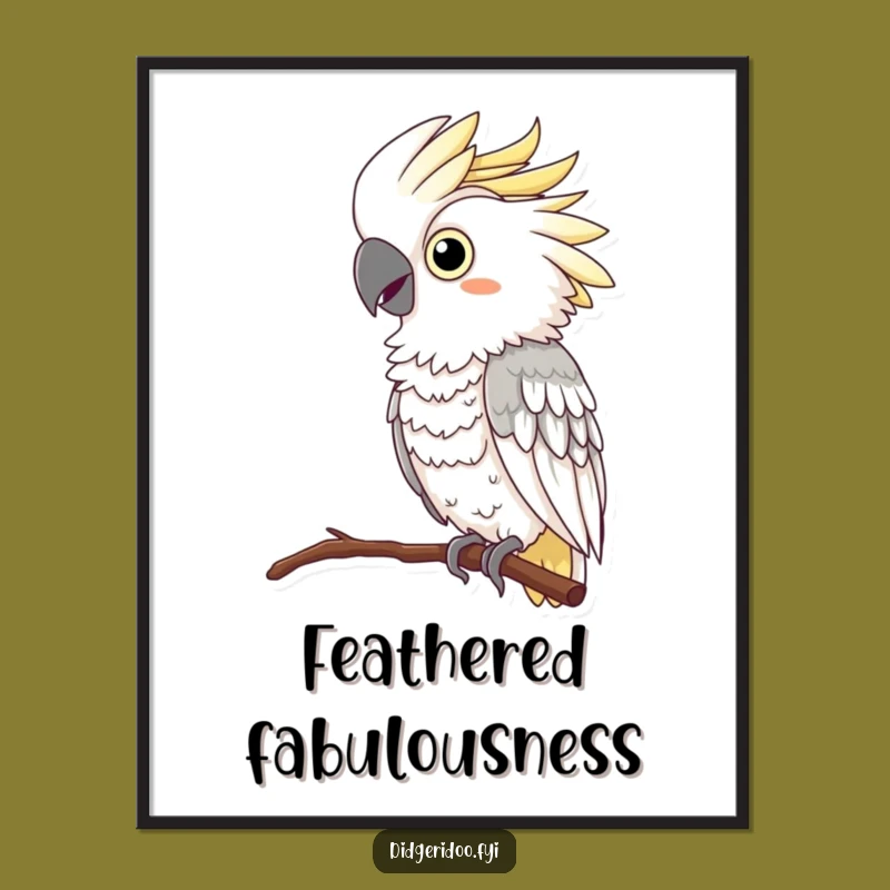 Funny Cockatoo Squawking Poster: Wall art of a curious cockatoo feather boa squawking, a vibrant funny gift.