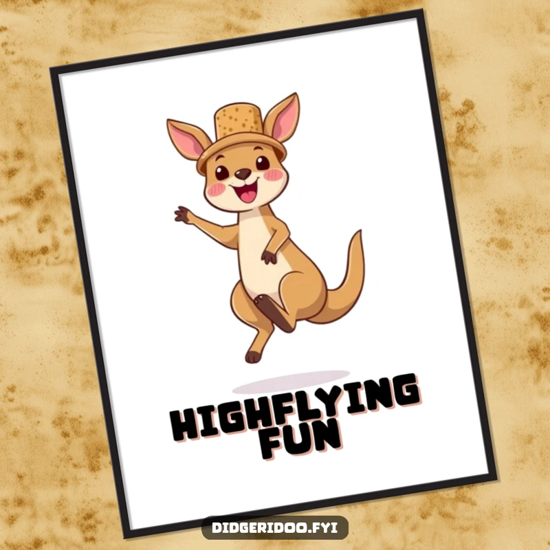 Funny kangaroo character poster, wearing a tiny cork hat and jumping high, bringing playful Australian adventure and cheerful vibes to wall decor.