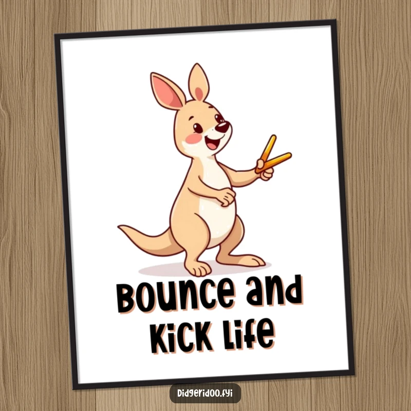 Funny kangaroo poster capturing a happy character enthusiastically kicking a miniature boomerang, celebrating vibrant Aussie culture and comedic action.