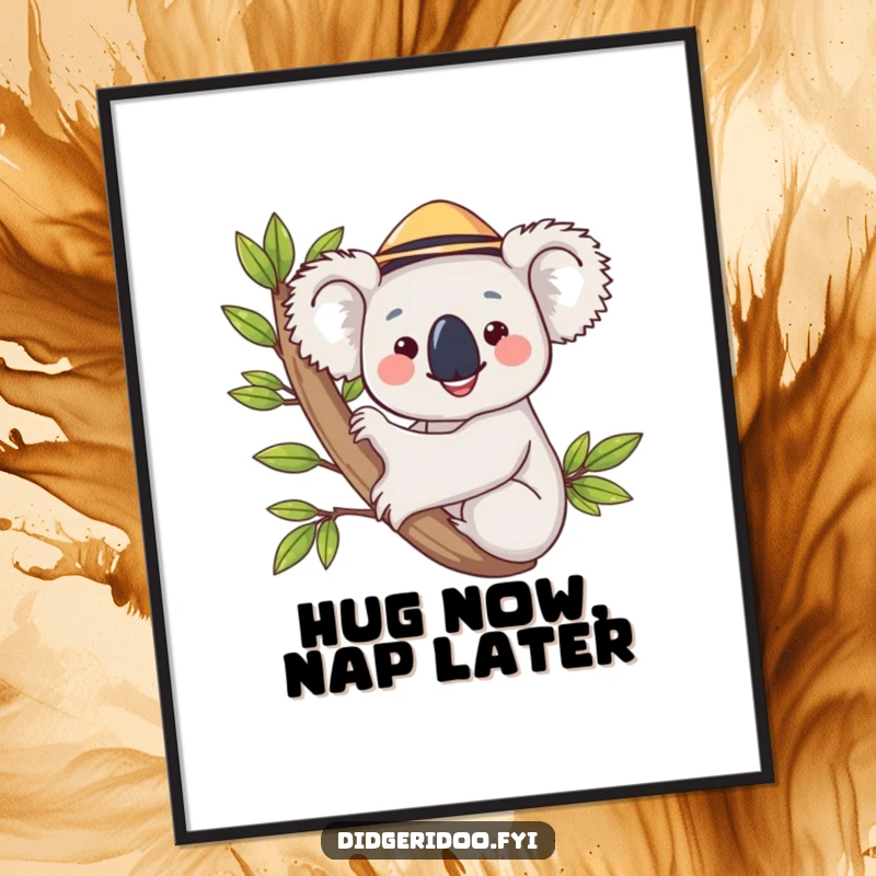 Funny koala in a hat, hugging a eucalyptus branch in a poster format, creating a delightful and humorous wall art piece.