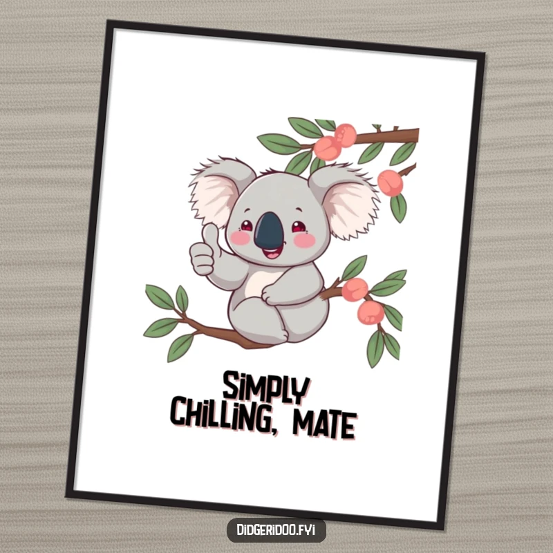 Funny, jovial koala character giving a thumbs up from a eucalyptus branch, displayed as a positive piece of Australian-themed wall art.