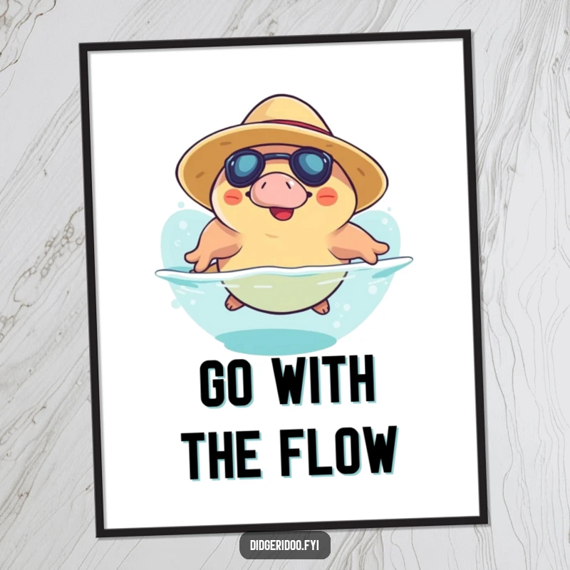 Funny Platypus Poster: a happy platypus in a sun hat takes a playful dive, bringing aquatic humor and cheerful vibes to wall decor.