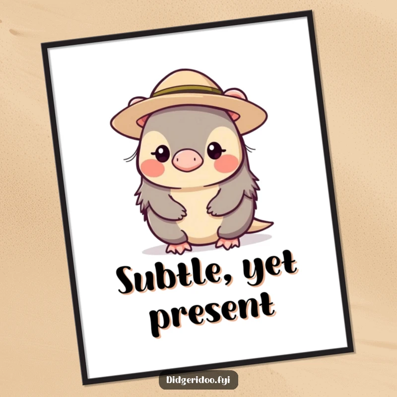 Funny, shy platypus character wearing a small, wide-brimmed hat, displayed as a demure piece of Australian-themed wall art.