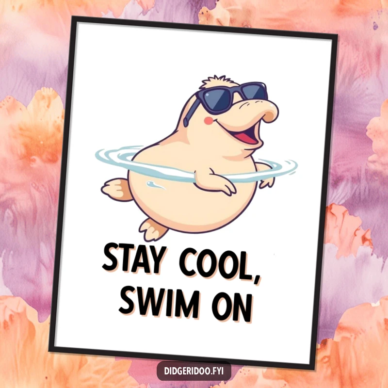 Funny Platypus Poster wearing sunglasses, doing a happy synchronized swim, a cool and humorous piece of aquatic-themed wall art.