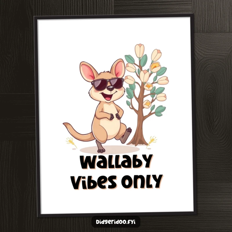 Funny wallaby poster showcasing a joyful wallaby in sunglasses, hopping near a eucalyptus tree, vibrant wall art.