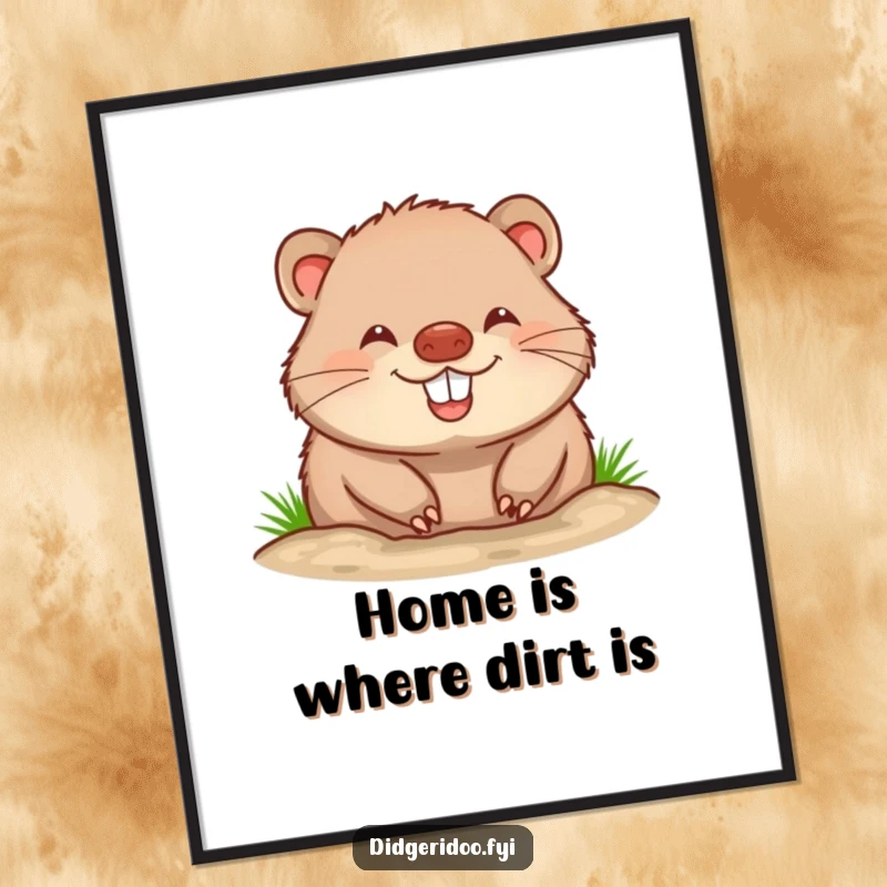 Funny wombat poster illustrating a cheerful wombat with its signature big, happy grin, actively burrowing into the ground with glee.