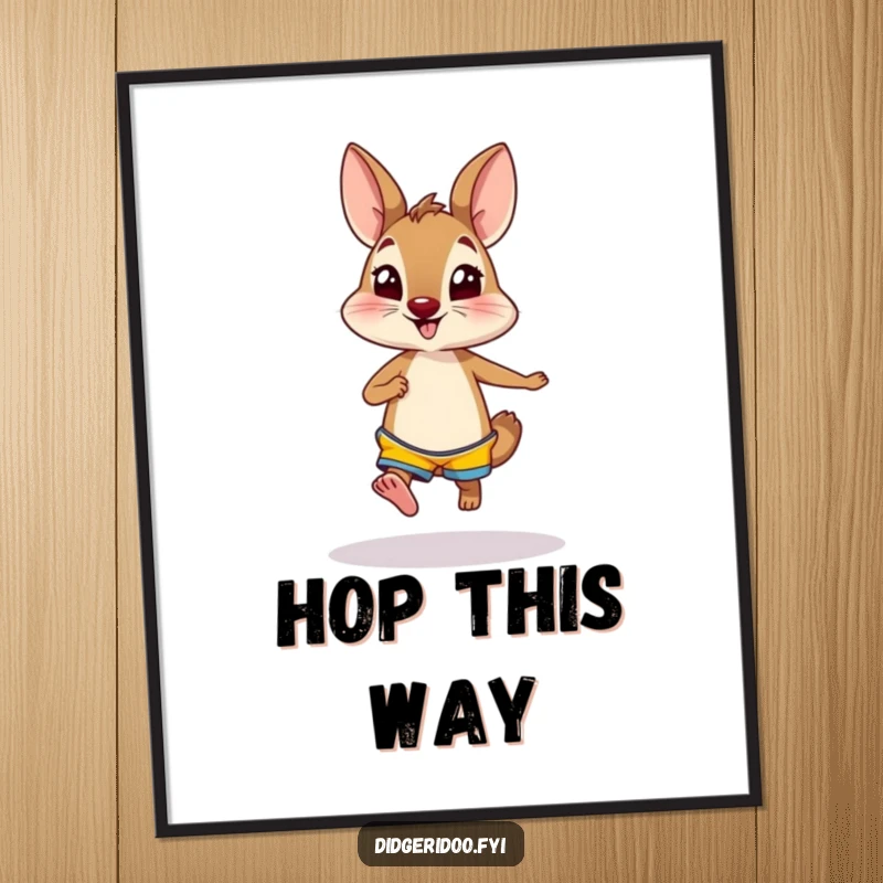 Funny wallaby wearing bright shorts, hopping excitedly on a poster, creating energetic and humorous wall art for a playful space.