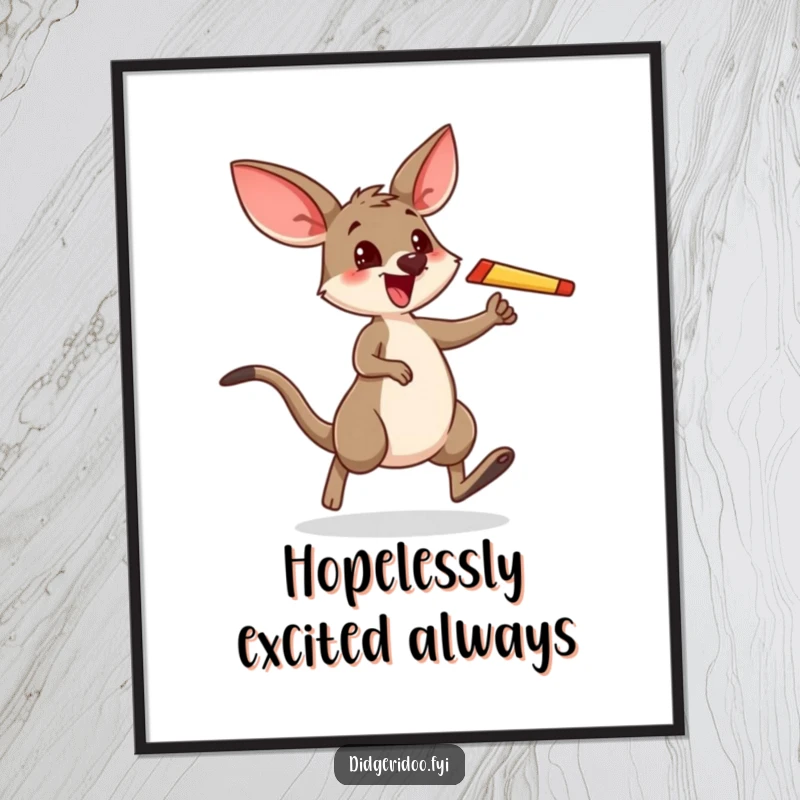 Funny poster capturing a wallaby's ecstatic hop and boomerang throw, radiating playful Australian charm and excitement.