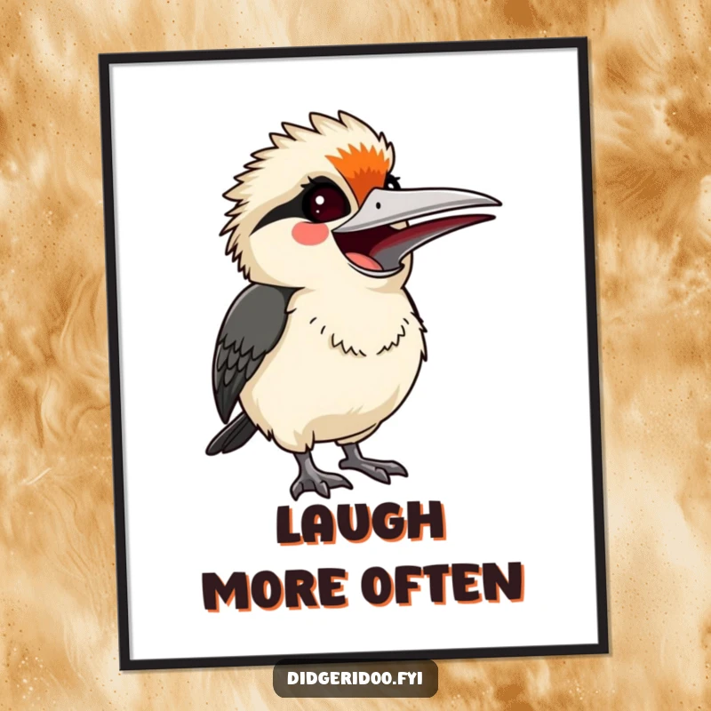Funny startled but smiling kookaburra, letting out a joyful laugh, a whimsical and humorous poster for charming wall art.