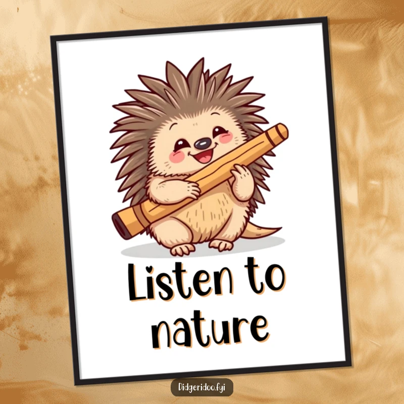Funny playful echidna character happily playing a didgeridoo, presented as vibrant wall art, perfect for music rooms.
