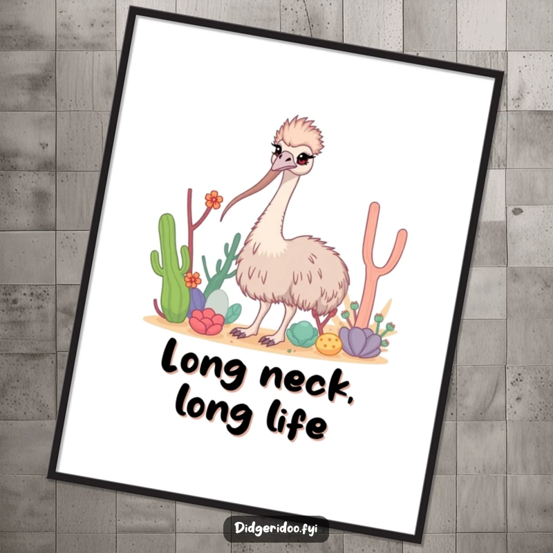 Funny Emu Poster capturing a curious emu with a long neck weaving through stylized desert flora, adding desert charm.