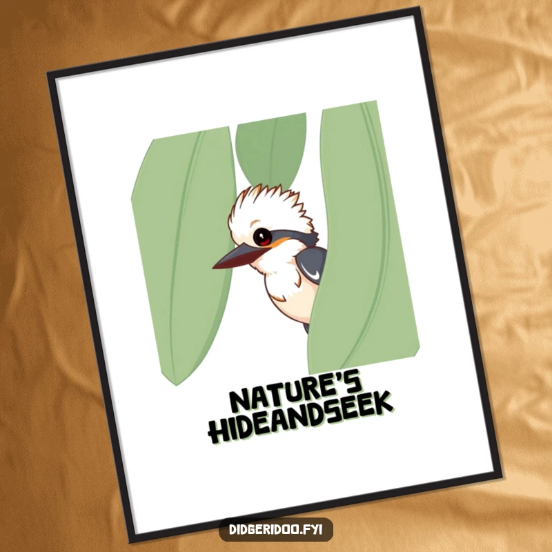 Funny kookaburra poster, curious bird peeking from eucalyptus leaf, humorous wall art, delightful nature print gift.