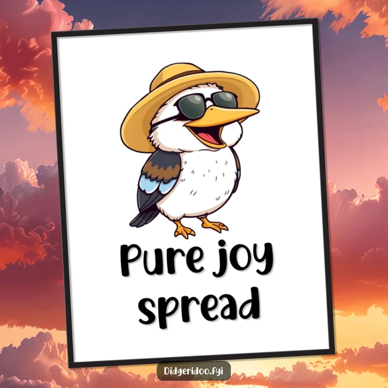Funny Poster art of a cheerful kookaburra in a sun hat, laughing heartily, bringing joy.