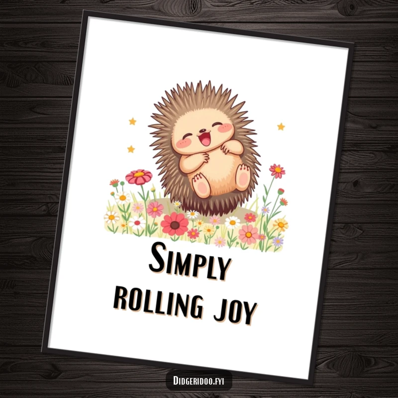 Funny Echidna Wildflower Poster: Artwork depicting a joyful echidna rolling through a colorful field of wildflowers, capturing playful nature.