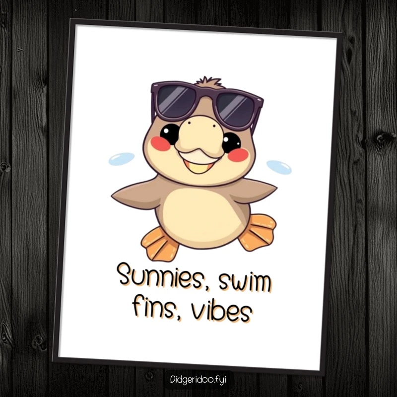 Funny platypus wearing sunglasses, grinning while swimming with flippers extended in a poster, creating humorous aquatic wall art.