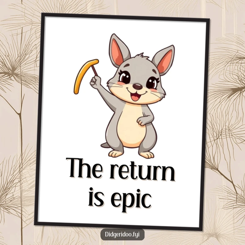 Funny wallaby boomerang poster showing a cheerful cartoon wallaby waving a boomerang, adding humorous Australian-themed art.