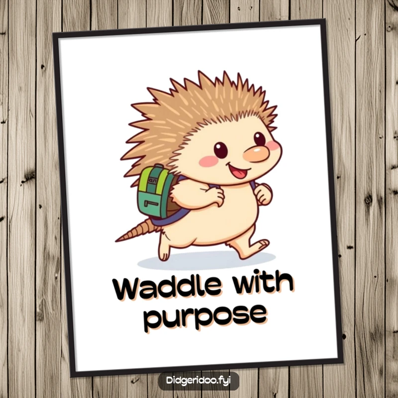 Funny Echidna Poster: A happy echidna with a backpack waddles determinedly forward, creating a humorous and motivational piece of art.