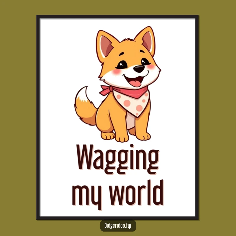 Funny Dingo Bandana Art Print - Happy Tail Wagging Wall Decor Gift