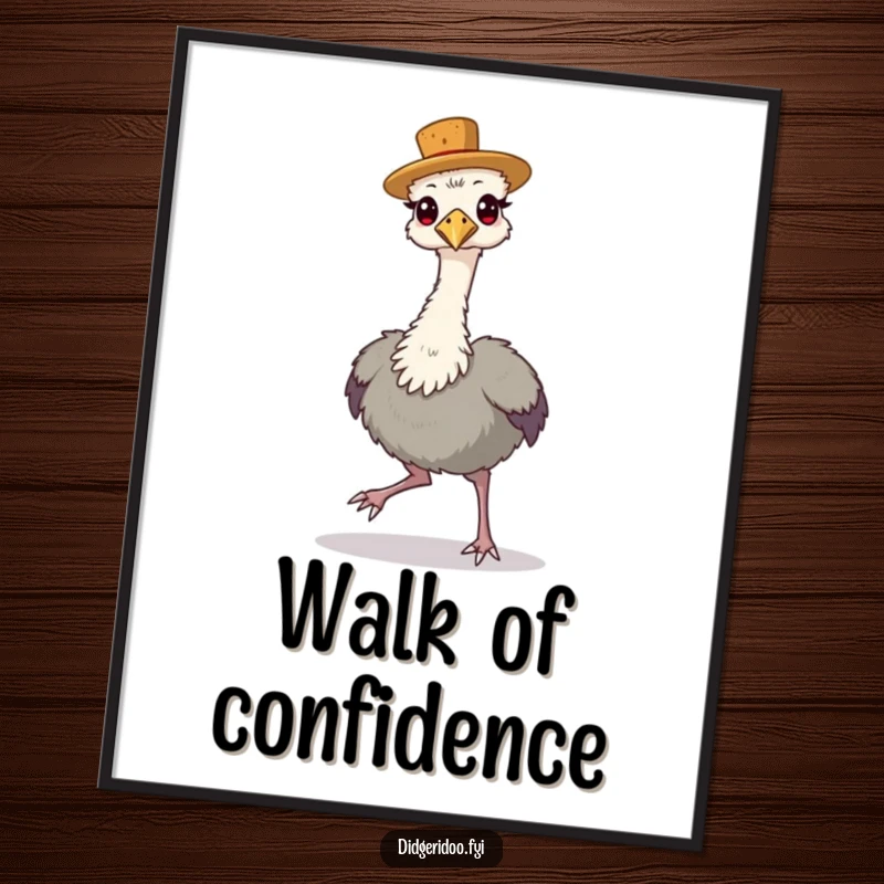 Funny Poster art of a proud emu in a cork hat, strutting confidently, exuding Aussie charm.