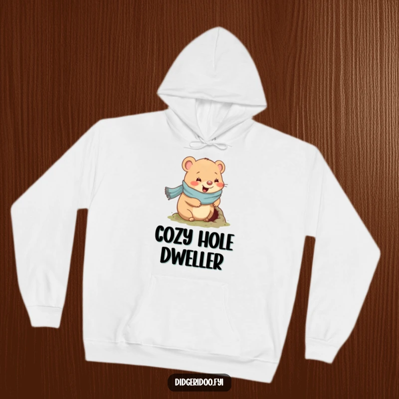 Funny wombat hoodie with a scarf, showing a wombat happily digging a hole, perfect for comfort and earthy humor.