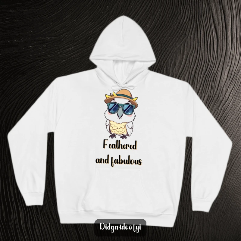 Funny cheerful cockatoo wearing sunglasses and an Akubra hat on a cozy hoodie, perfect for cool comfort.