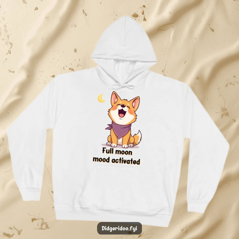 Funny Dingo Hoodie: A delighted dingo wearing a bandana howls ecstatically at a minuscule moon, radiating pure, humorous wilderness.