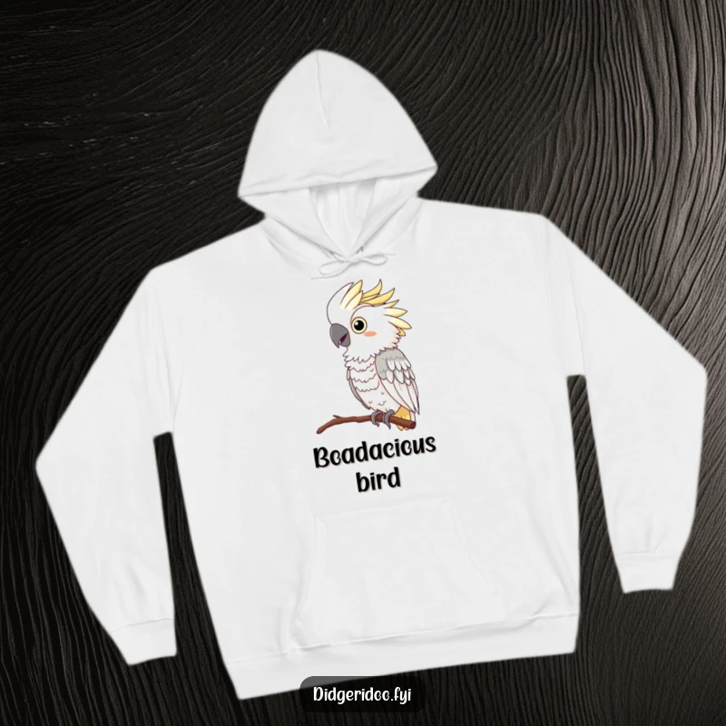 Funny Cockatoo Hoodie: A curious cockatoo flaunts a vibrant feather boa while perched and letting out a dramatic, funny squawk.