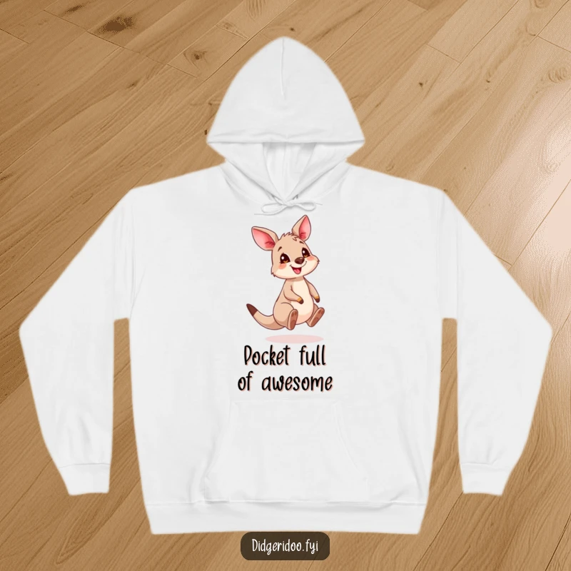 Funny Kangaroo Cub Hoodie depicting a cute, grinning joey in full bouncy motion, designed for ultimate comfort.