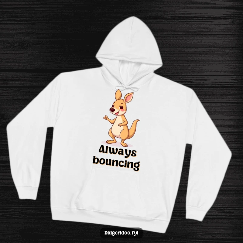 Funny smiling kangaroo character performing a silly little jig on a cozy hoodie, perfect for energetic comfort.
