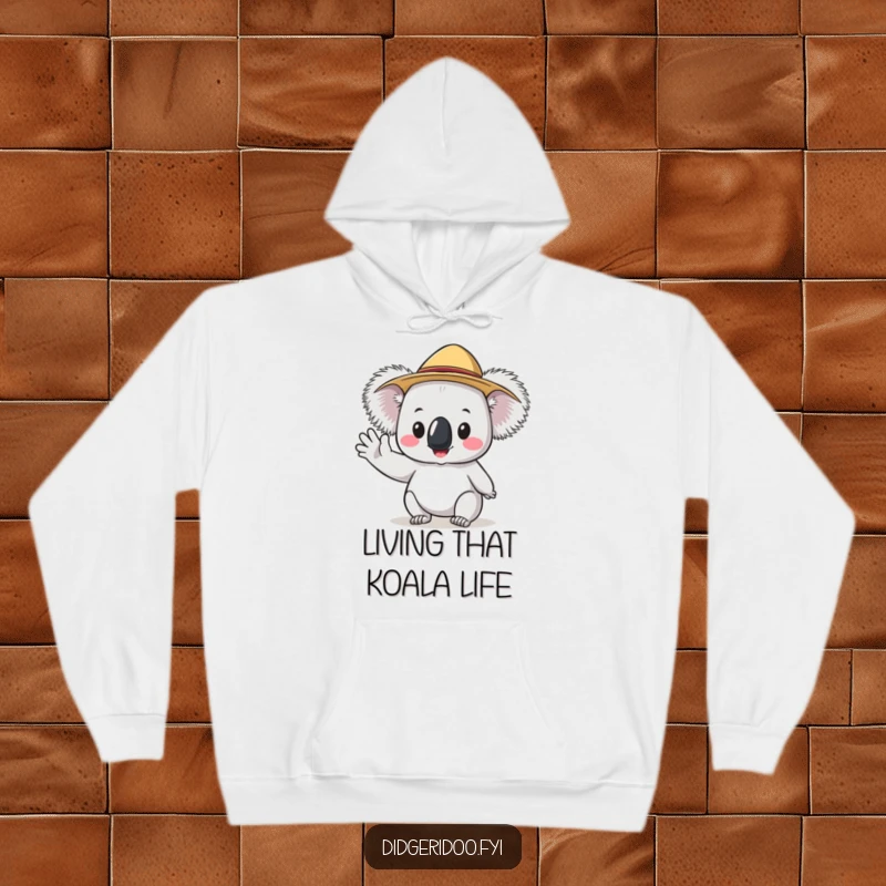 Funny Koala Hoodie wearing an Akubra hat, cheerfully waving, offering cozy comfort with a humorous Australian feel.