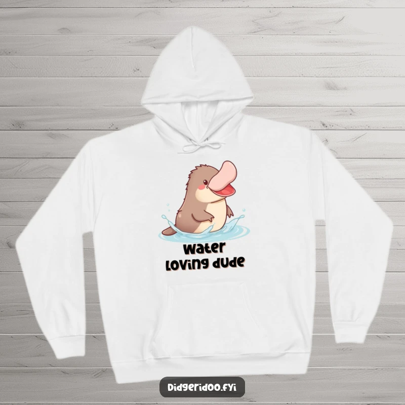 Funny Platypus Hoodie depicting a jovial platypus splashing happily in stylized water, designed for ultimate coziness.