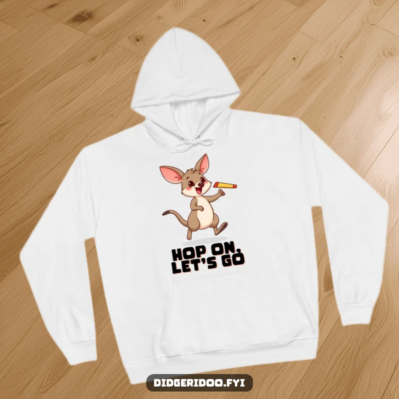 Funny hoodie depicting a jubilant wallaby energetically hopping, boomerang aloft, a picture of pure, excited fun.