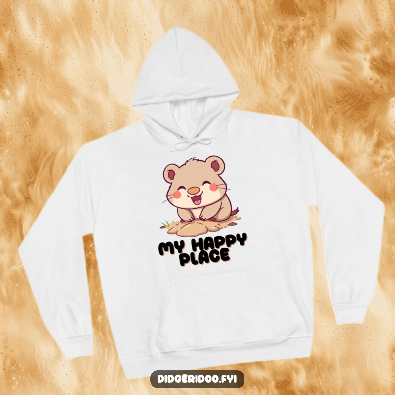 Funny Wombat Hoodie with a happy grin, digging a small enthusiastic hole, offering cozy comfort with a humorous Outback feel.