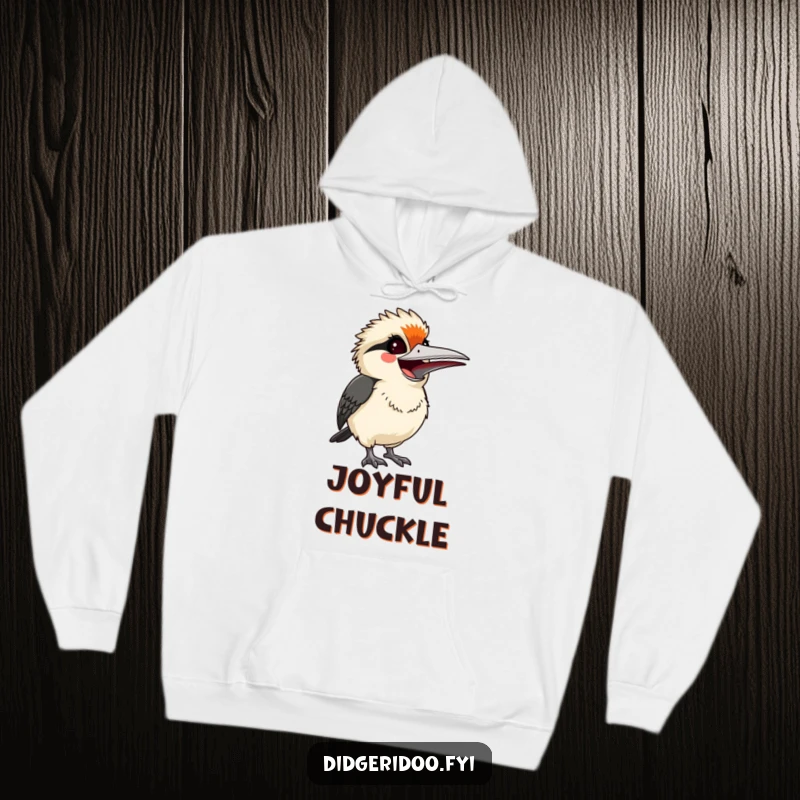 Funny startled but smiling kookaburra, letting out a joyful laugh, a warm and humorous hoodie for cozy moments.