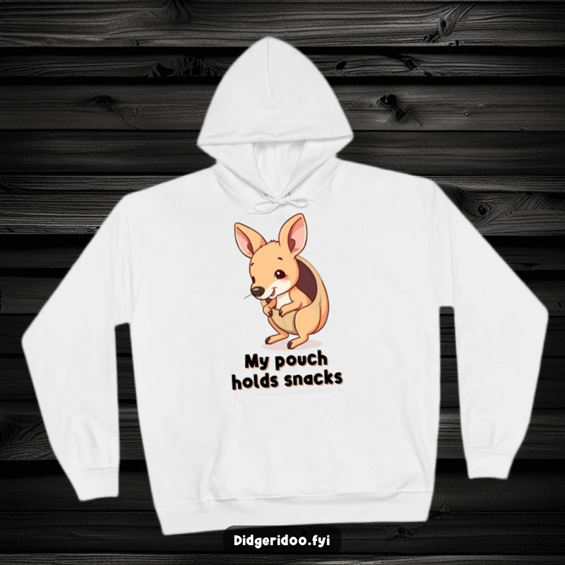 Funny Kangaroo Joey Hoodie peeking from a pouch, playfully bouncing, offering cozy comfort with a humorous Outback feel.
