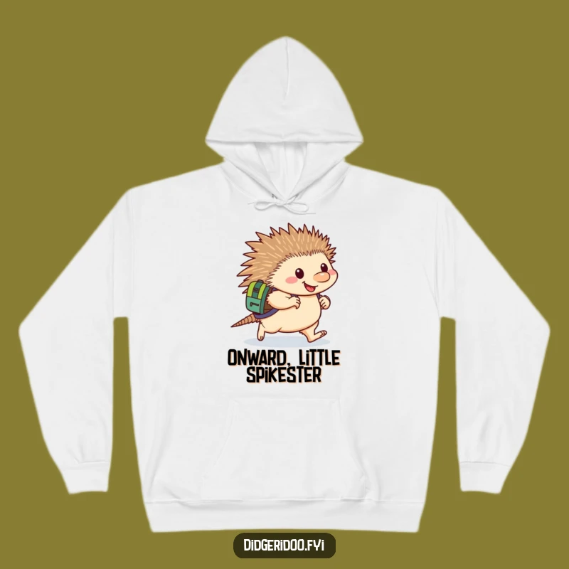Funny Echidna Determined Hoodie: Cozy hoodie with a happy echidna backpack waddling, a warm funny gift.