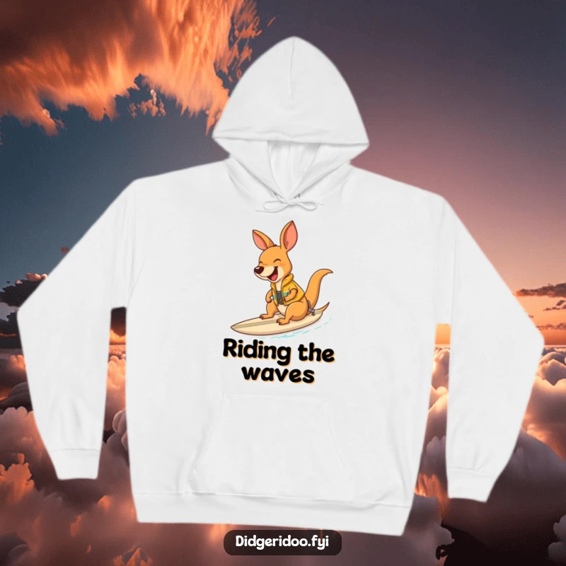 Funny laughing kangaroo wearing a surf vest riding a small surfboard, a cozy and humorous hoodie for beach lovers.