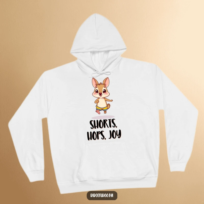 Funny wallaby wearing bright shorts, hopping excitedly on a hoodie, offering cozy warmth and a spirited, humorous design.