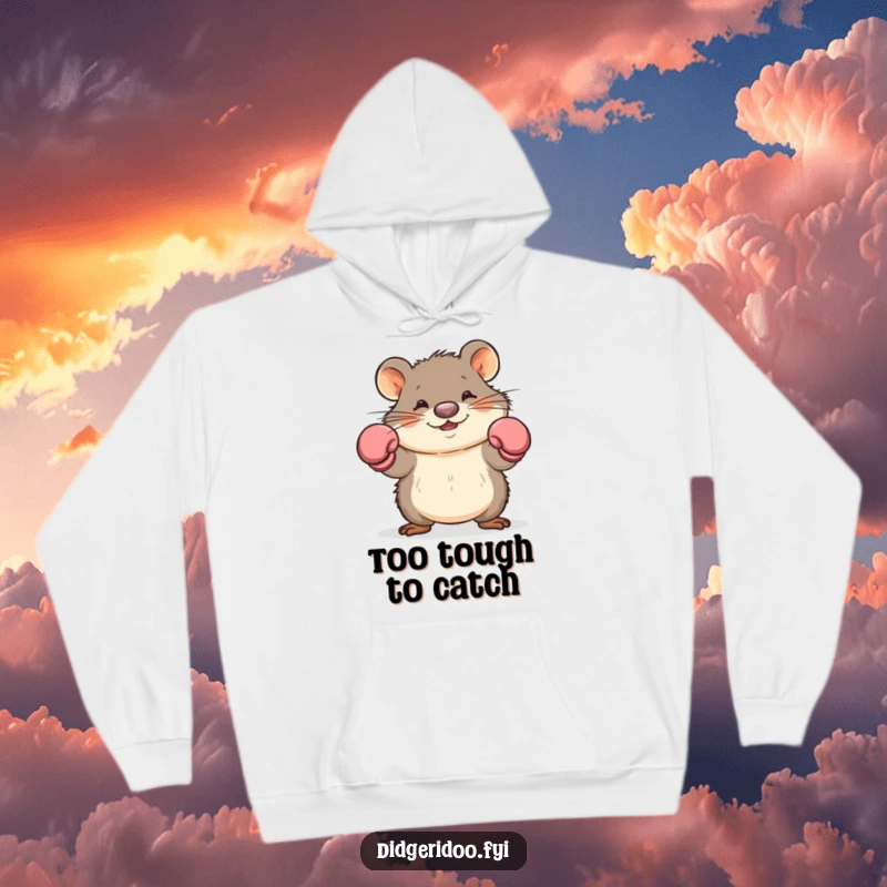 Funny wombat boxer hoodie showing a playful wombat in boxing gloves dodging, a humorous and warm clothing gift.