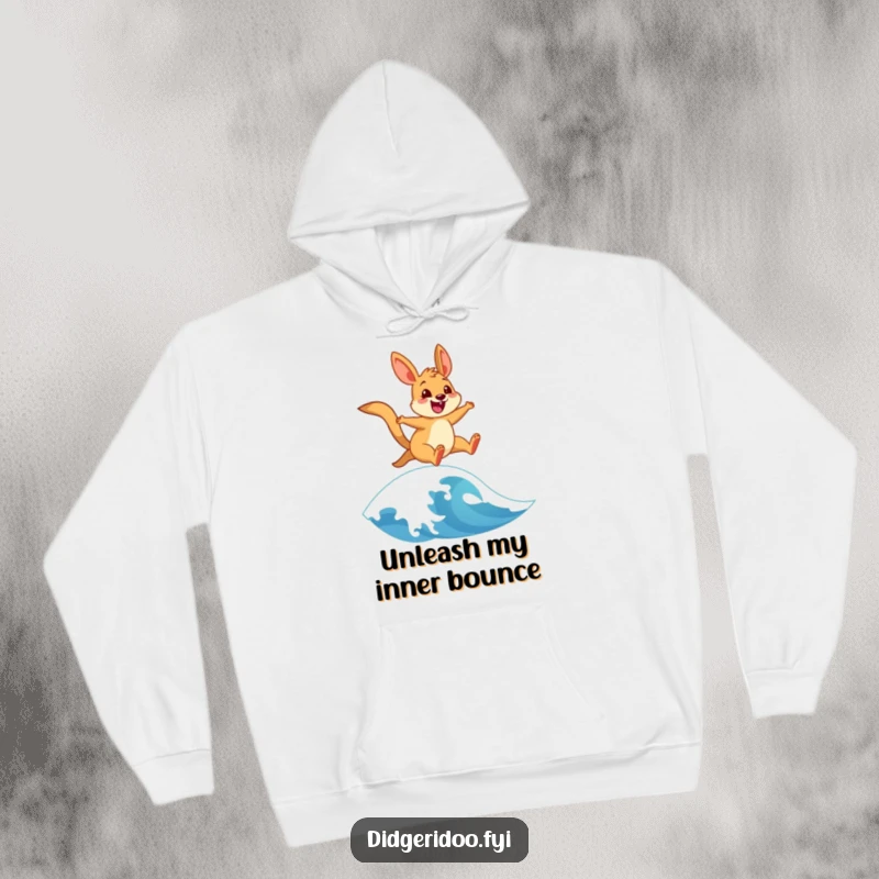 Funny hoodie displaying a cheerful wallaby energetically leaping over a stylized water wave, bringing adventurous beach vibes to your cozy wear.