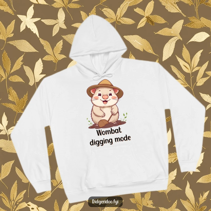 Funny hoodie design of a cheerful wombat in a gardening hat, happily digging, perfect for cozy outdoor enjoyment.