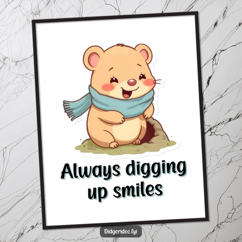 Funny Free Printable Wombat Art: Happy wombat wearing a scarf digs a small, charming hole.