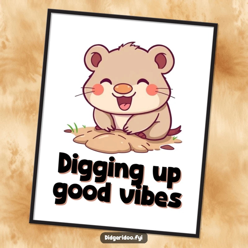Funny Free Printable Wall Art: A wombat with a happy grin, enthusiastically digging a small hole.
