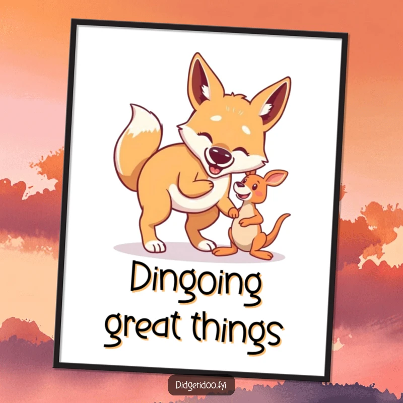 Funny Free Printable Wall Art: A proud dingo intensely playing fetch with a small kangaroo toy, ready to hang.